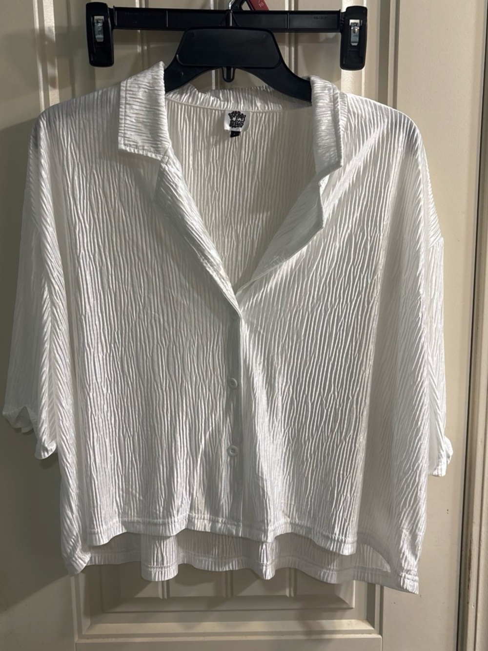 Crisp White Crinkle Button-Front Blouse